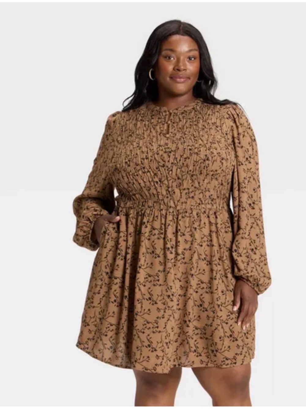 Ava & Viv Tan Brown Floral Smocked Long-Sleeve Dress 3x NWT